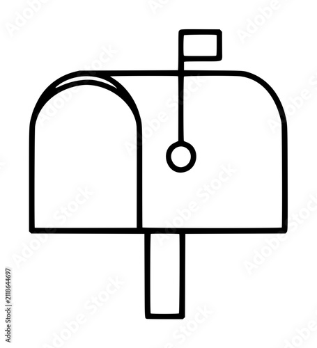 Classic American rural mailbox icon, hand-traced vector illustration with flag and post, minimalist black line art for postal, delivery, and correspondence graphic design projects