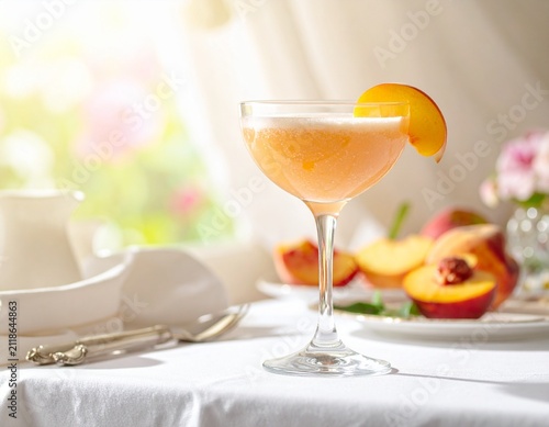 Bellini cocktail with fresh peach garnish in elegant brunch setting, Italian inspired summer drink on white table with sunlight