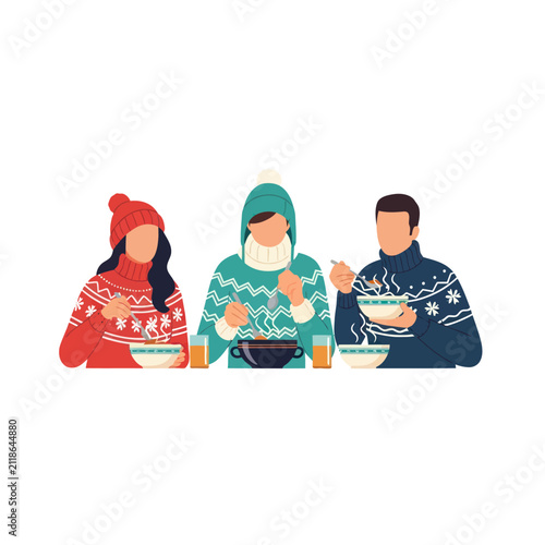 Friends Eating Hot Soup in Winter Sweaters