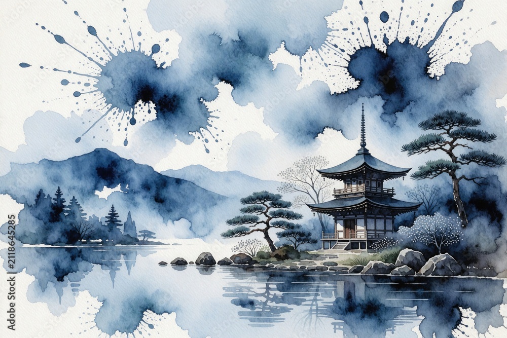 Obraz premium Watercolor illustration of Japanese pagoda by calm lake. Blue mountains, pine trees create serene landscape. Abstract ink splashes decorate sky over peaceful traditional temple architecture in nature