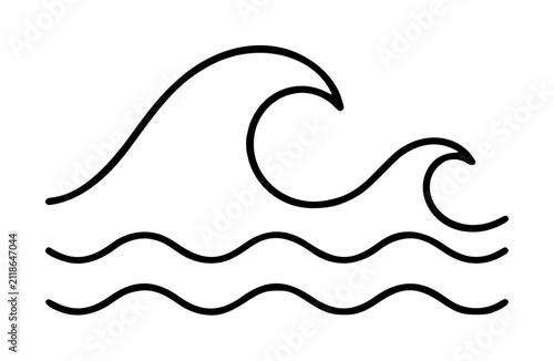 Hand drawn ocean waves line art vector icon, minimalist curling crest with flowing wavy water lines, simple monochrome seaside illustration