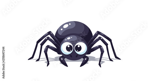 Cute cartoon black spider with big expressive round eyes and shiny body standing on white isolated background.