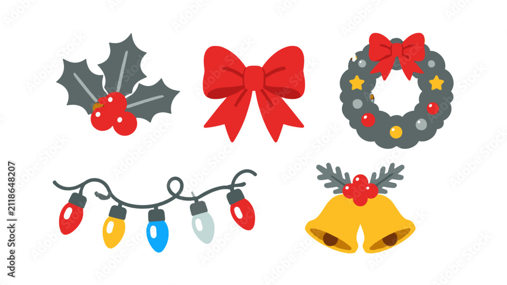 Naklejka premium Christmas holiday decoration set with wreath bow bells and lights