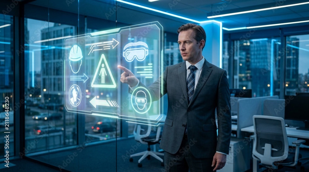 Fototapeta premium Businessman in suit interacts with glowing holographic safety interface featuring helmets, goggles, masks, and warning symbols in modern high-tech office with city skyline view at night