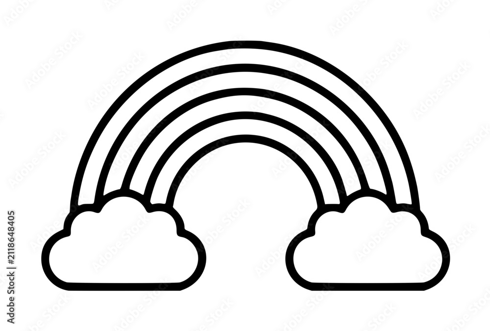 Obraz premium Hand-drawn vector icon of a rainbow arching between two fluffy clouds, perfect outline illustration for weather, spring, and nature-themed designs with a whimsical monochromatic outline style