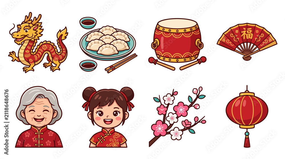Fototapeta premium Chinese New Year Icons: Dragon, Dumplings, Drum, Fan, Lantern, Girl, Elder, Blossom