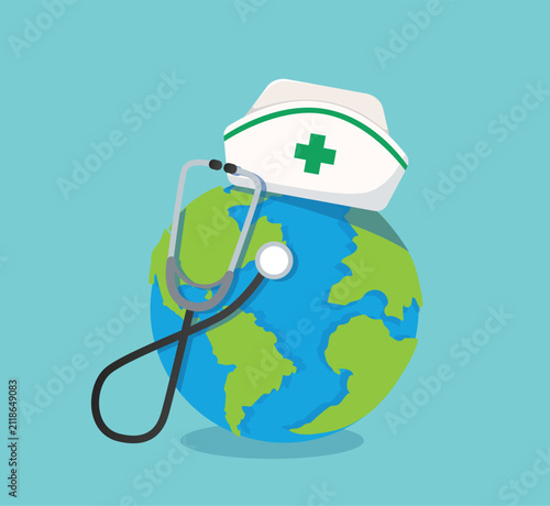 World with Nurse Cap and Stethoscope for Global Healthcare