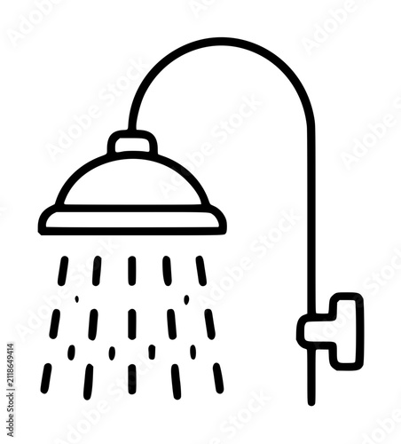 Hand traced black outline vector illustration of a classic overhead shower head spraying water droplets, attached to a curved pipe with a side wall mount valve, minimalist bathroom icon design on