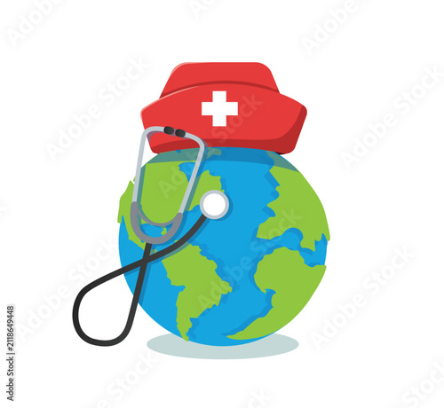 World with Nurse Cap and Stethoscope for Global Healthcare
