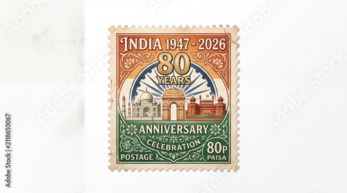 Vintage India postage stamp for 80 years anniversary celebration, commemorative philately design with national landmarks, retro postal art