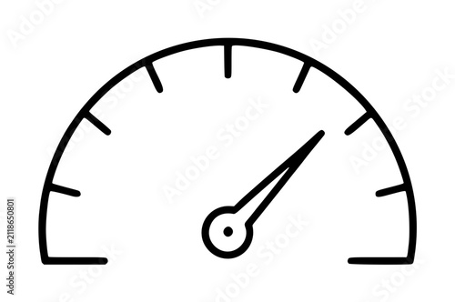 Minimalist black line speedometer gauge vector icon illustration with needle pointing to high speed on semicircular dial with tick marks and pivot center for performance and measurement graphics
