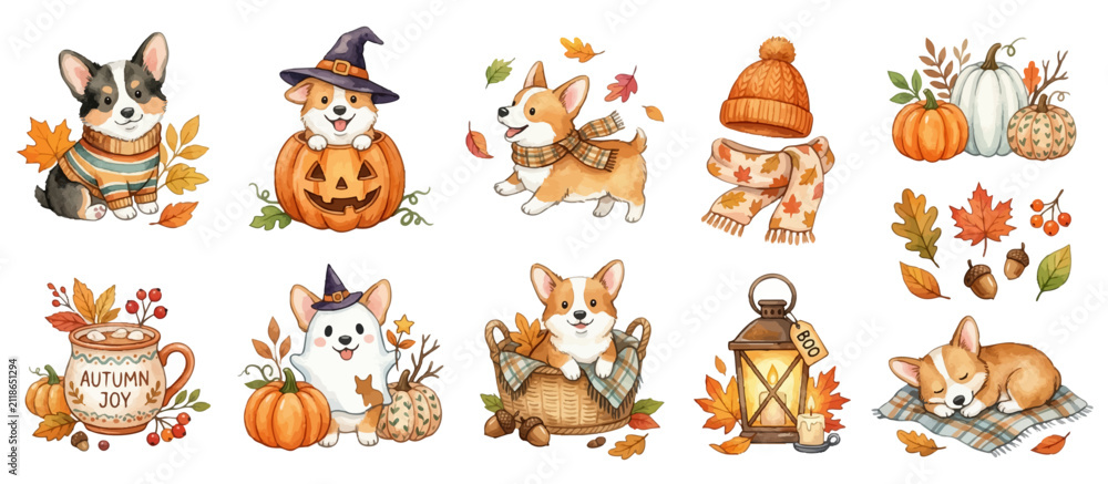 Fototapeta premium Cute autumn corgi watercolor collection, cozy seasonal and Halloween illustrations. Collection of Vector illustrations for invitation, card, poster, banner, decoration