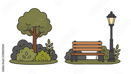 Urban park scene with bench, street lamp, trees and shrubs