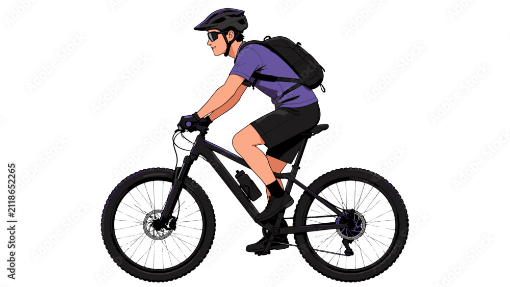 Fototapeta premium Mountain biker riding bicycle in side view vector illustration