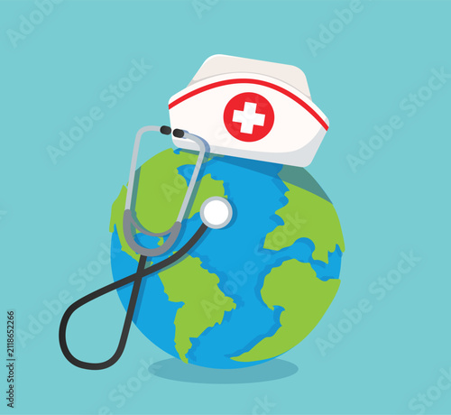 World with Nurse Cap and Stethoscope for Global Healthcare