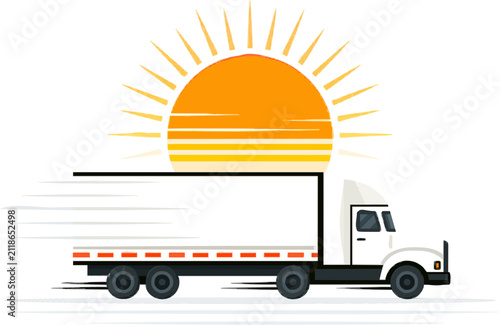 A white freight truck speeds along a highway during a vibrant sunrise, its motion accentuated by streaks of speed lines against the backdrop of a radiant sun