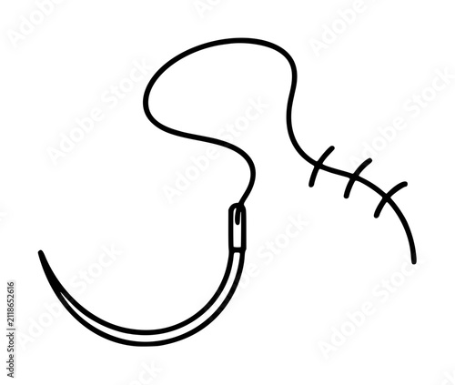 Hand-drawn black vector illustration of a curved surgical suture needle with attached thread forming looping stitched lines, minimalist line art icon for medical and healthcare themes