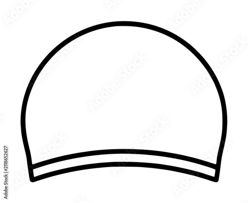 Hand-drawn swim cap outline vector icon illustration featuring a classic rounded silicone swimming cap with curved brim, minimalist black line art design on white background, suitable for aquatic
