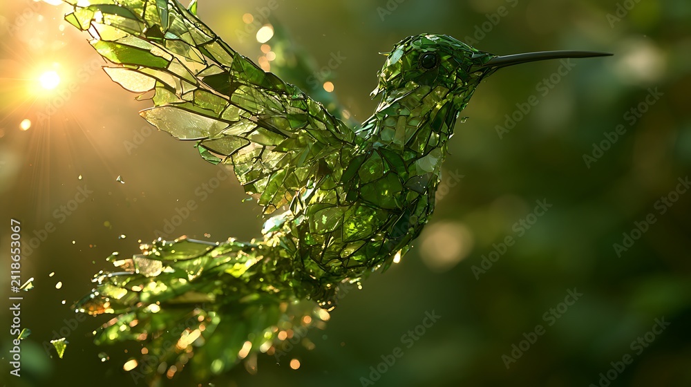 Fototapeta premium Abstract hummingbird made of vibrant green leaves and foliage in nature.