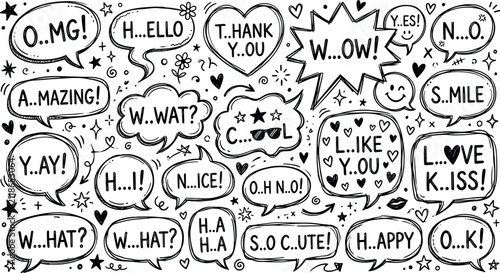 Canvastavla Comic speech bubbles vector set with hand drawn doodle expressions, short text phrases, and cute sketchy dialogue elements