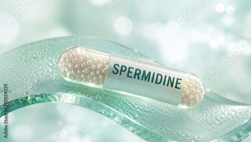 A capsule labeled spermidine is resting on a smooth surface. Water droplets are visible, creating a fresh look. Soft light enhances details of the capsule and surface