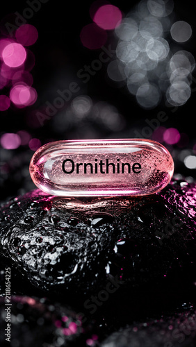 A transparent capsule labeled ornithine rests on a dark textured surface. The background has pink lights creating a soft glow. The setting appears to be indoors at night