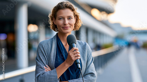 Along a bright modern promenade, a professional television reporter presents a live outdoor update, microphone in hand, confident eye contact, soft daylight, clean architecture, journalism,