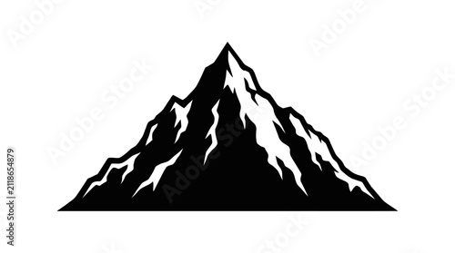Craggy mountain peak silhouette on white background.