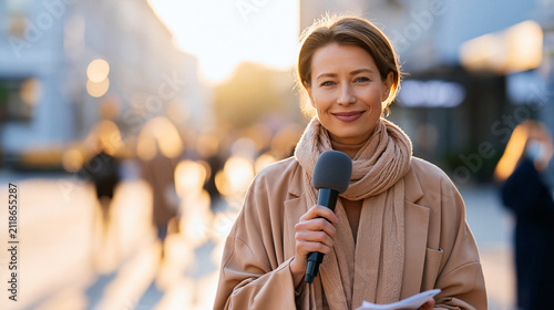 On a sunlit downtown-style pedestrian street without recognizable landmarks, an attractive journalist reports to camera with a microphone, bright urban background, confident posture, modern