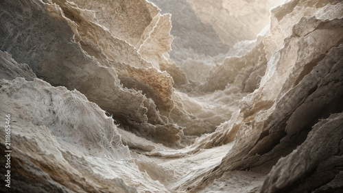 Sunlight passes through the narrow canyon between rocky walls made of layered sediment. The texture of the rocks shows detailed patterns and colors