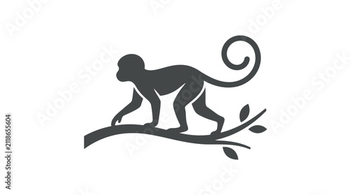 Monkey silhouette sitting on a leafy tree branch.