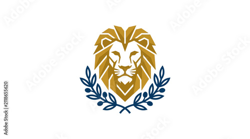 Golden lion head emblem with blue laurel wreath.