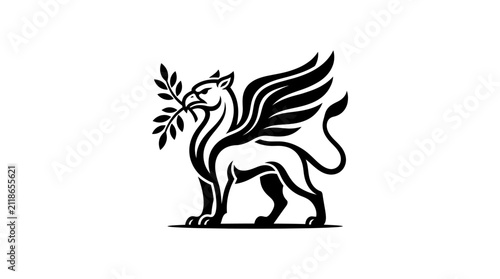 Griffin silhouette holding olive branch mythical creature vector.