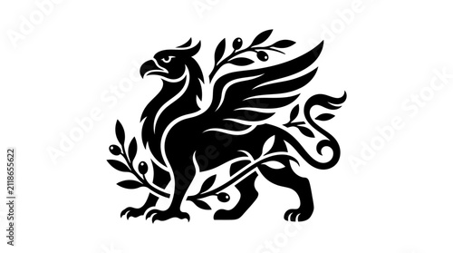 Griffin mythical creature silhouette in laurel wreath.