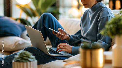 Relaxing on a light-colored sofa, a woman reads online news on her laptop and smartphone in a bright living room, calm daytime atmosphere, digital media, information, technology,