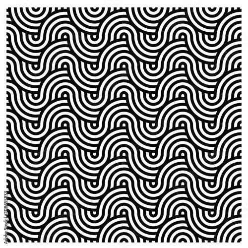 Geometric Waves: An intricate monochrome pattern composed of interlocking wave-like curves, creating a mesmerizing visual rhythm and optical illusion.