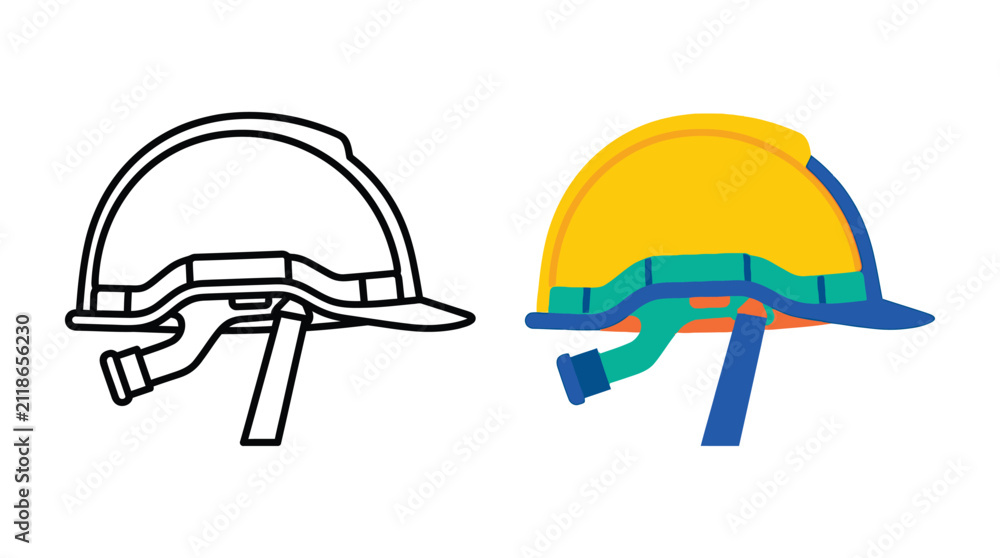 Fototapeta premium Construction Helmet Illustration Two Versions With Color And Line Art