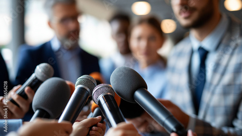 At a well-lit media scrum, a generic public official speaks into several reporters’ microphones, bright neutral background, formal clothing, professional expressions, public affairs,