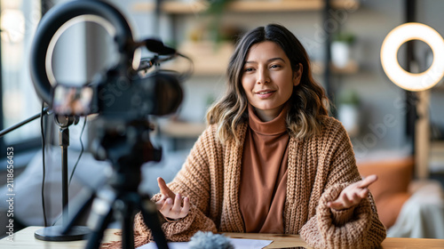 A professional camera records a confident woman filming an educational tutorial in a bright home studio, ring light, microphone and simple décor visible, content creation, video production,