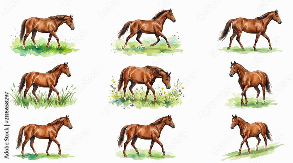Obraz premium Brown Horse Collection Watercolor Illustrations Set