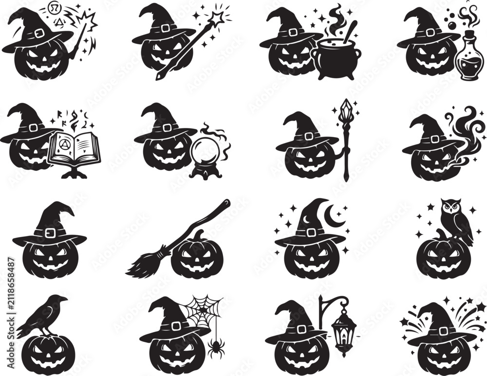 Obraz premium Jack o lantern pumpkins with witch hats casting spells and holding magical items in silhouette style