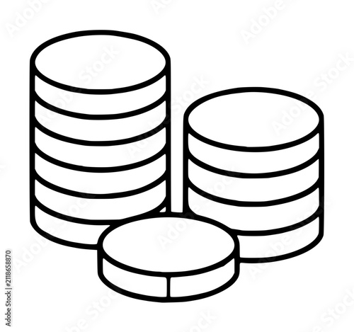 Hand-traced vector icon illustration of stacked and single coins in a minimalist black outline style, depicting currency, savings, finance, and money concepts for graphic design resources