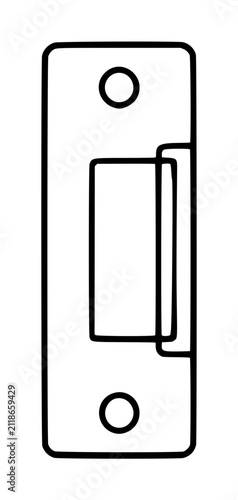 Minimalist hand-drawn door strike plate vector icon illustration featuring rectangular cutout outline for lock latch alignment on interior door frame, simple black line art