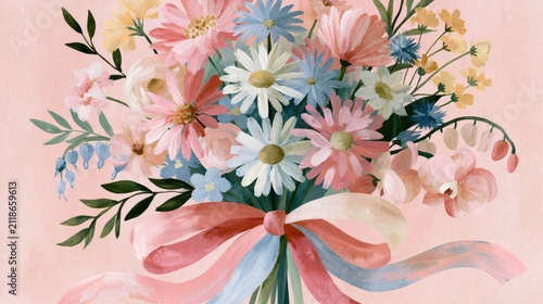 Daisy wildflower bouquet with pastel ribbon on soft pink background for greeting card and poster design
