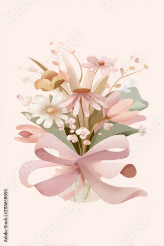 Soft pastel floral arrangement with large ribbon on pale background for greeting card and vertical poster design