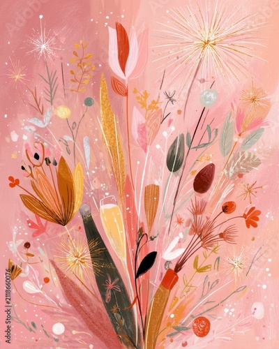 Pink pastel floral bouquet background with gold accents for greeting card poster and invitation design