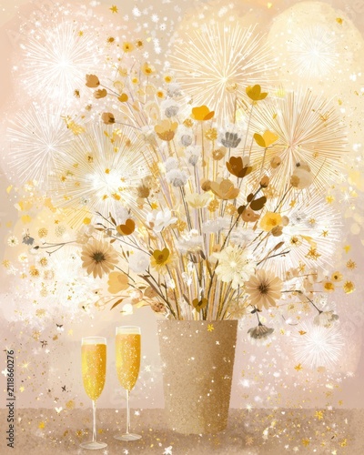 Golden floral fireworks arrangement with champagne glasses for new year celebration card poster background