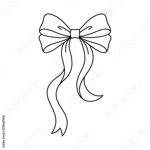 An outline drawing of a double bow with flowing ribbons