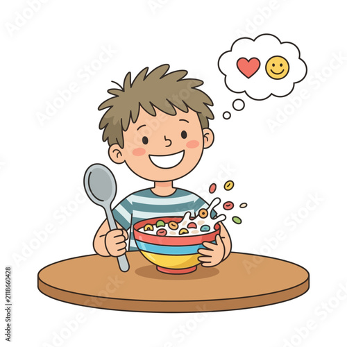 A joyful child eating a bowl of cereal at the dining table