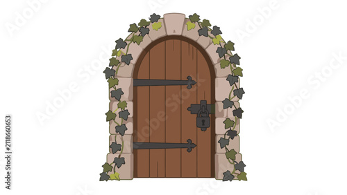 Old wooden arched door with stone frame and climbing ivy